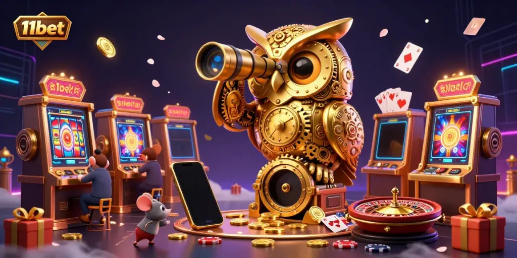 Experience thrilling gameplay with 11bet in a captivating 3D casino illustration filled with vibrant characters and elements.
