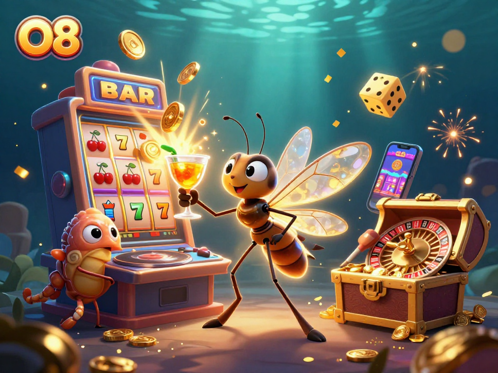 Experience winning thrills at O8 with a vibrant 3D casino illustration featuring dynamic slots and roulette elements.
