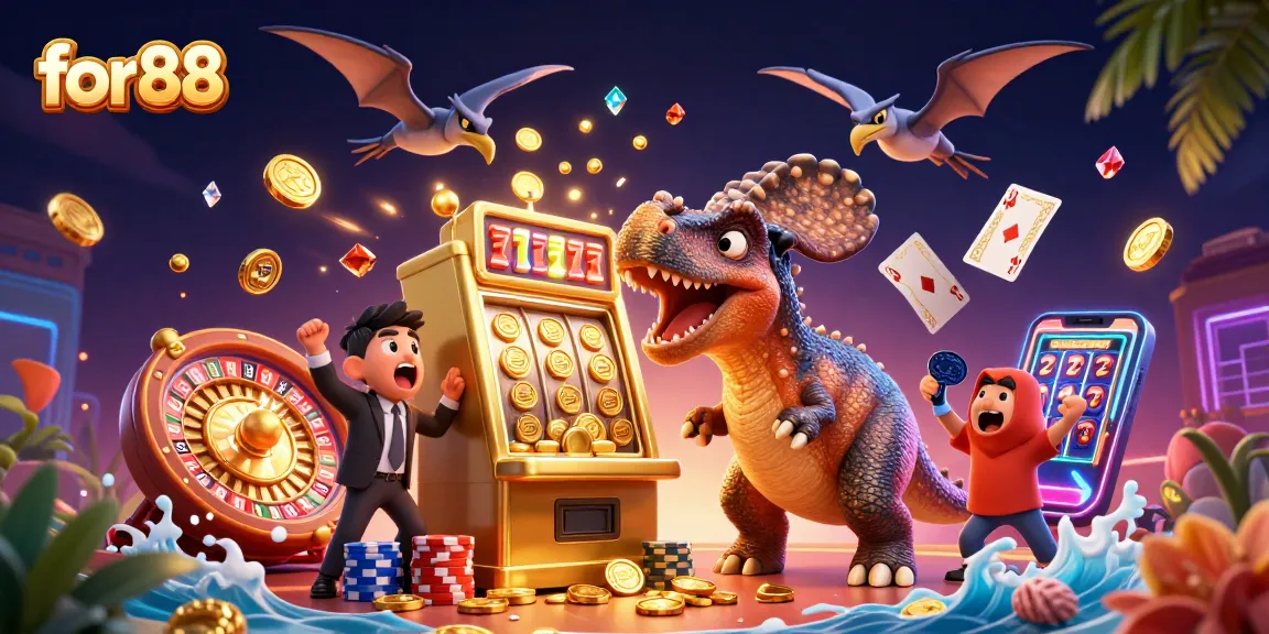 for88 highlights a 3D pachycephalosaurus celebrating a jackpot win at a vibrant casino scene, with golden coins and gems