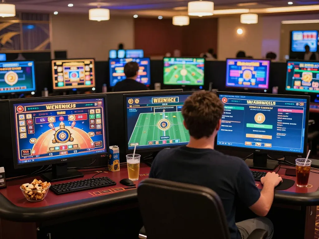 Player enjoying RR99 online casino games on multiple screens at home.