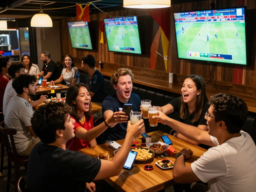 Sports fans cheering and placing bets on World Cup 2026 games at a lively sports bar.