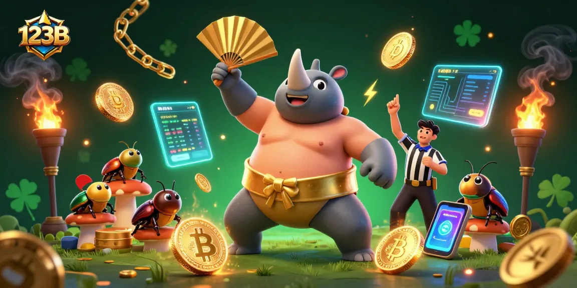 Experience thrilling wins at 123B as the sumo champion beetle earns rewards in a dynamic casino scene.