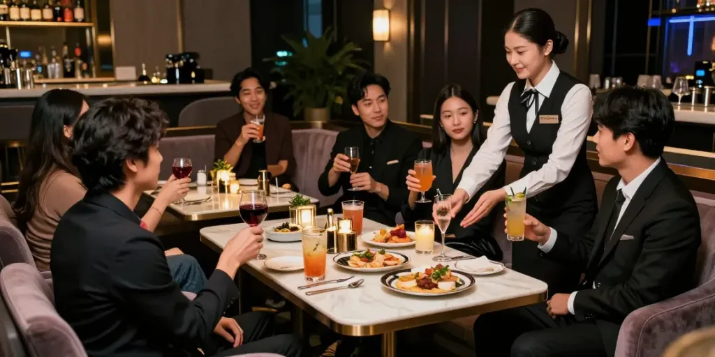 강남 타이밍에서 즐거운 모임하는 고객과 마담의 모습
