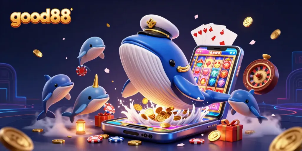 good88 showcases an exciting casino scene with a cartoon whale and slot game elements, immersing players in vibrant gaming action.