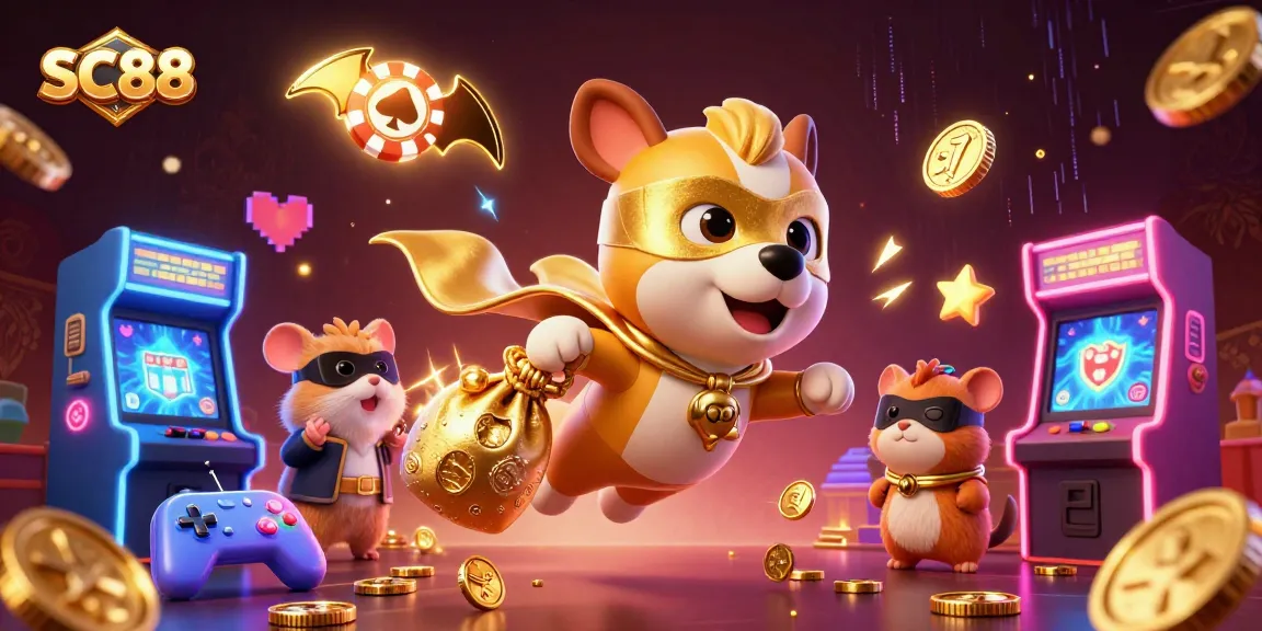 Experience thrilling wins at SC88 with cartoon superheroes amidst a vibrant casino scene!