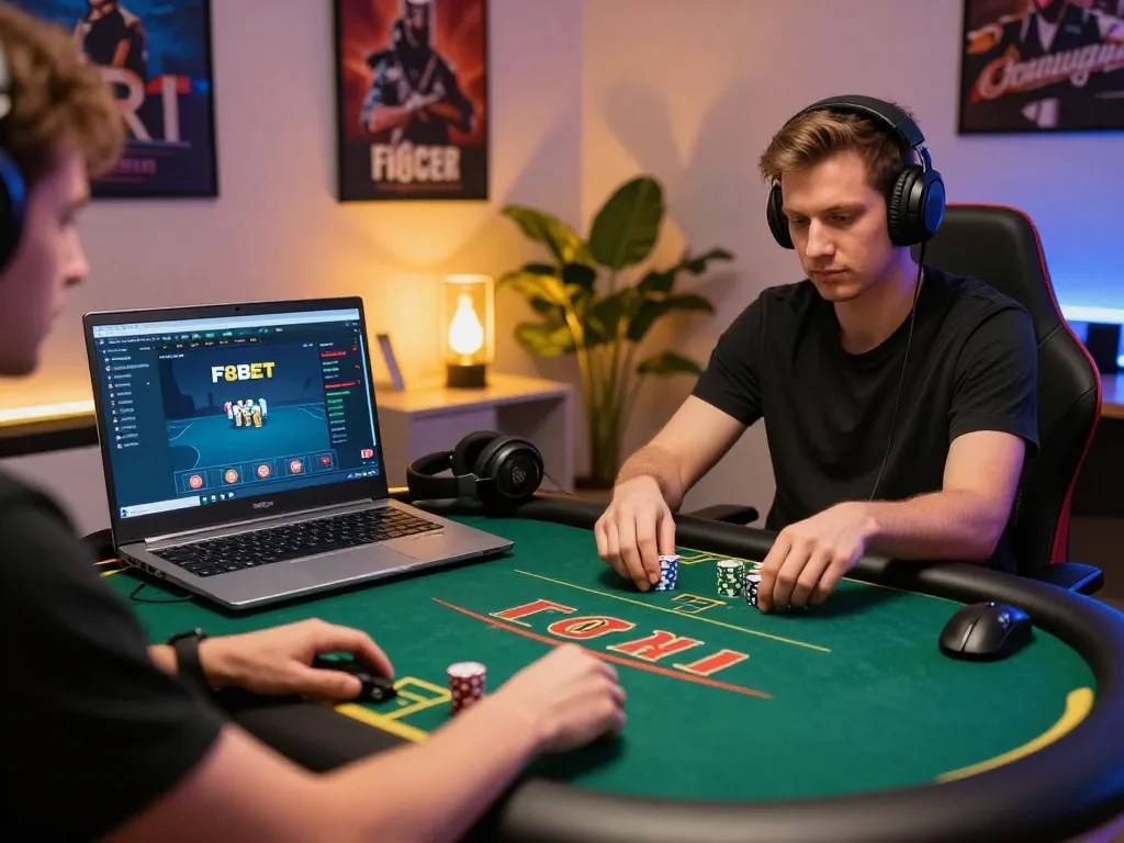 Player engaged in poker at F8BET's online casino platform, showcasing strategic gameplay