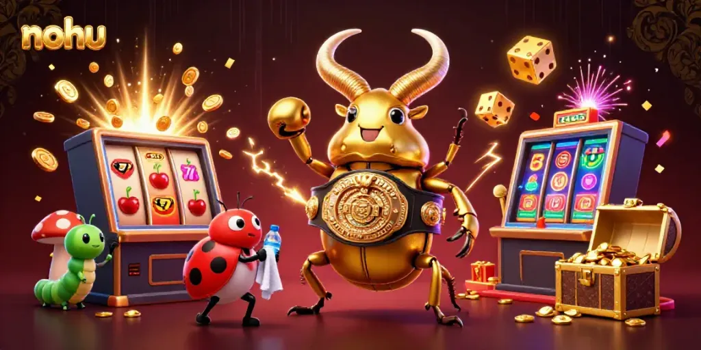 Experience the excitement at nohu casino with a vibrant 3D illustration of gaming action and characters.