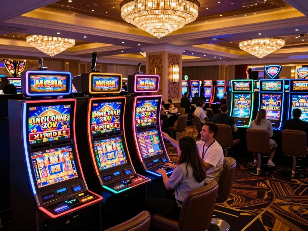 Players enjoying Slot x1000 gaming experience at a vibrant casino floor with colorful machines.