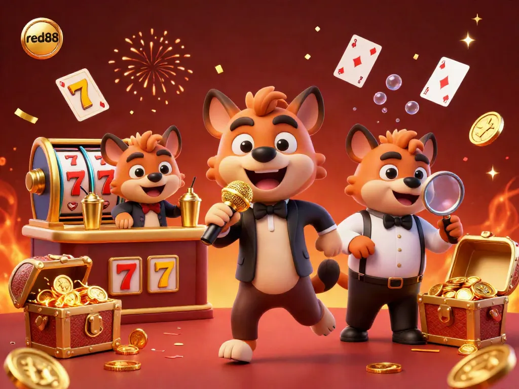 Hyenas at a comedy casino, showcasing a vibrant scene filled with exciting games and entertainment, featuring red88.