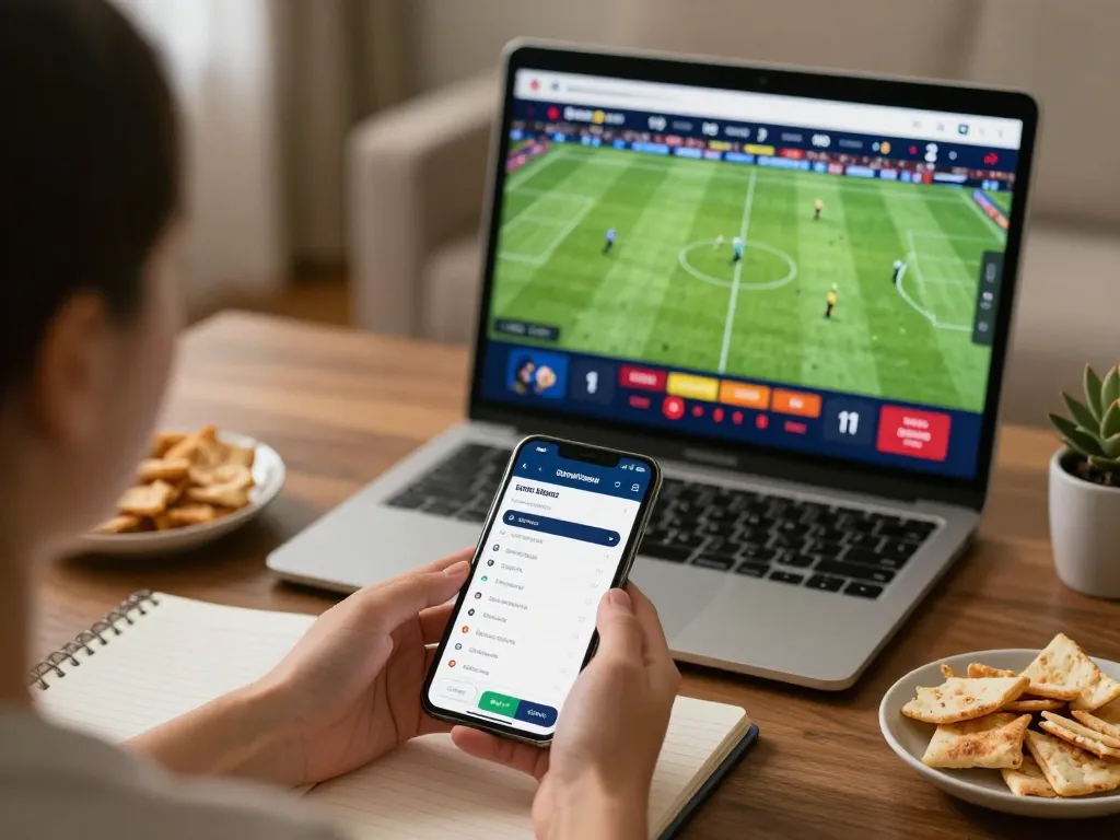 Engaging with situs toto betting app while analyzing strategic plays in a cozy home setting.