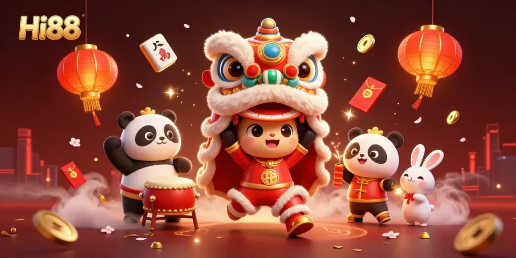 Experience vibrant action with Hi88 as a lion dance brings fortune to players in a captivating casino world.