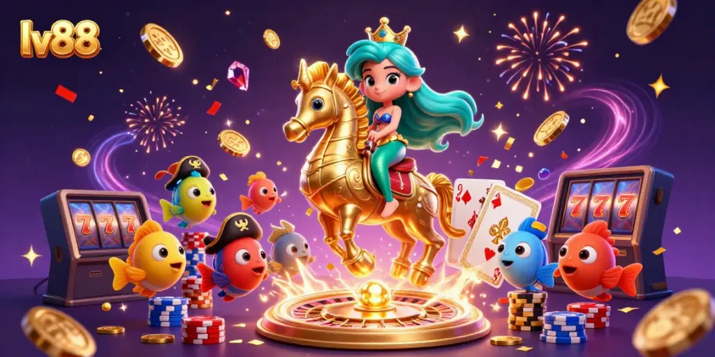 Win exciting rewards at lv88 with a thrilling 3D casino-themed illustration featuring a mermaid and seahorse.