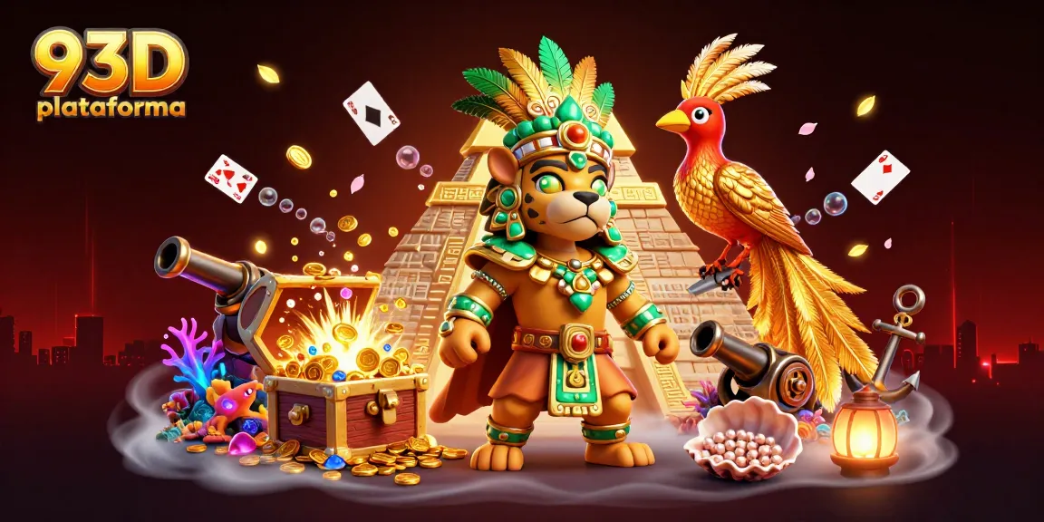 93D plataforma com personagens e elementos de cassino em uma ilustração 3D vibrante e rica em detalhes.