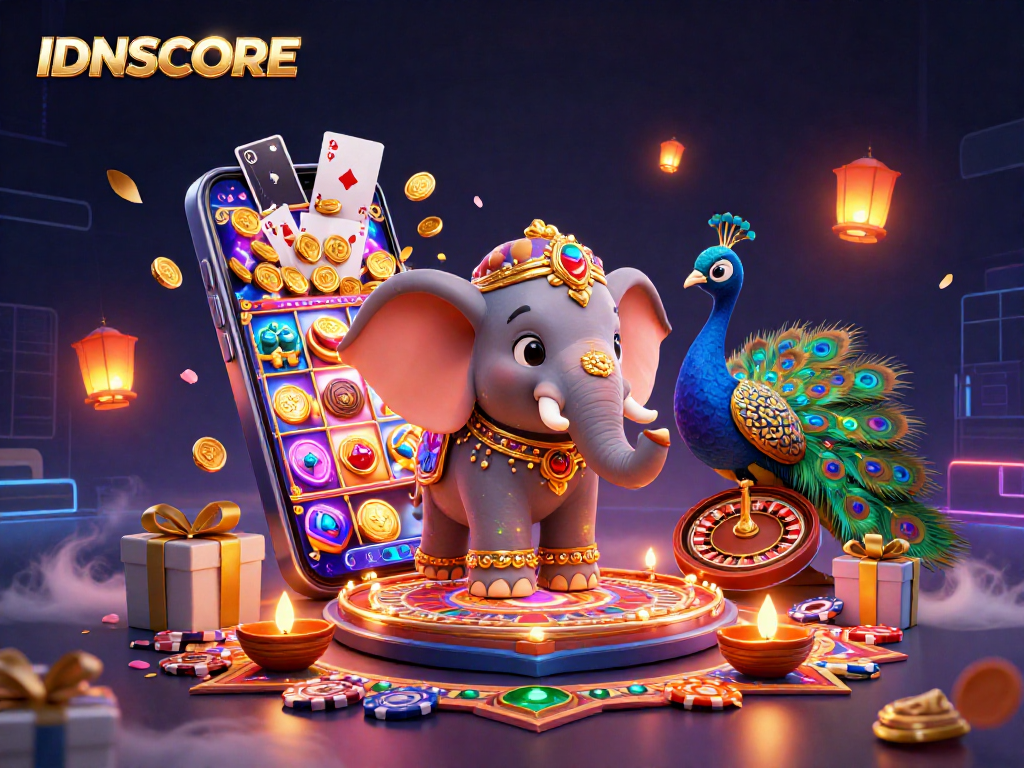 IDNSCORE enhances gaming excitement with vibrant slots and festive designs in a dynamic scene.