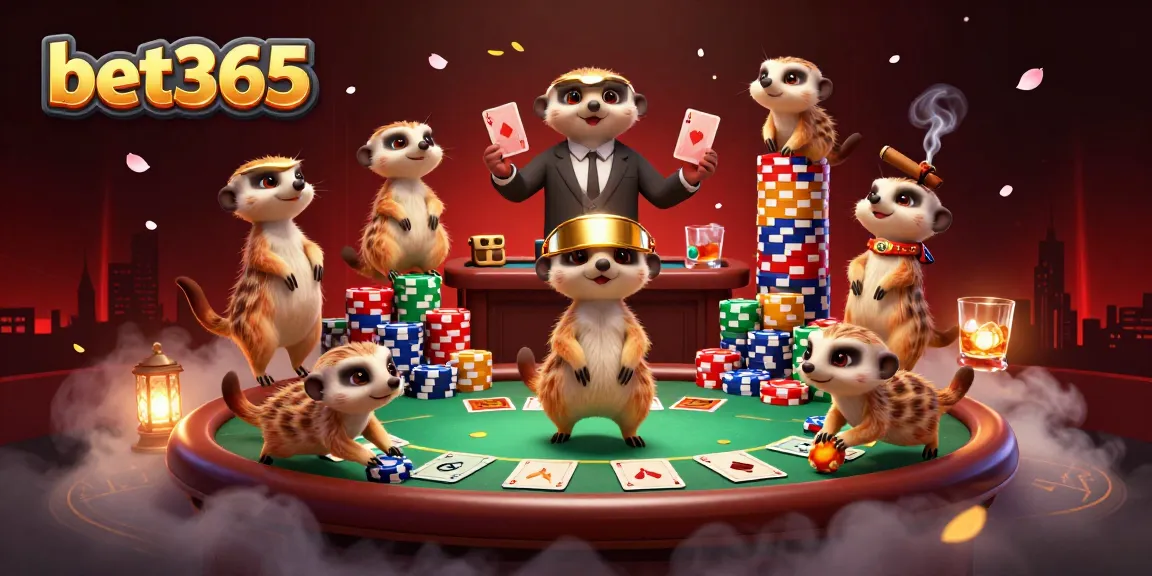 Experience the thrilling atmosphere of bet365's casino with lively meerkat characters managing poker games and sneaking chips.