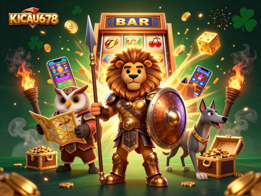 KICAU678 slots jackpot explosion illustration with a Spartan lion, owl strategist, and greyhound messenger.