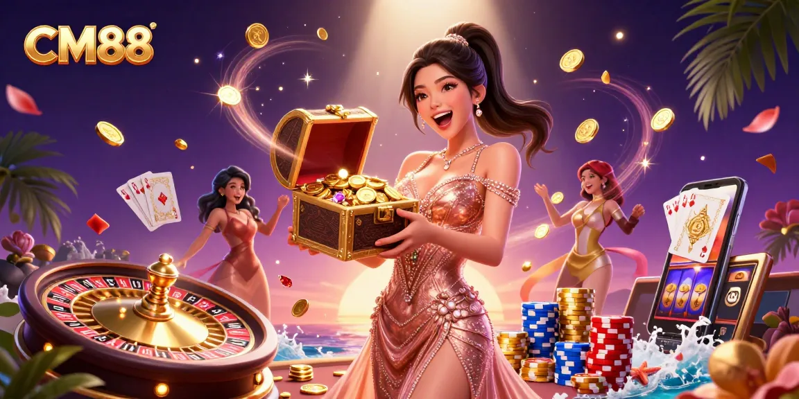 Experience the excitement of CM88 with stunning treasures and vibrant casino elements in this dynamic illustration.