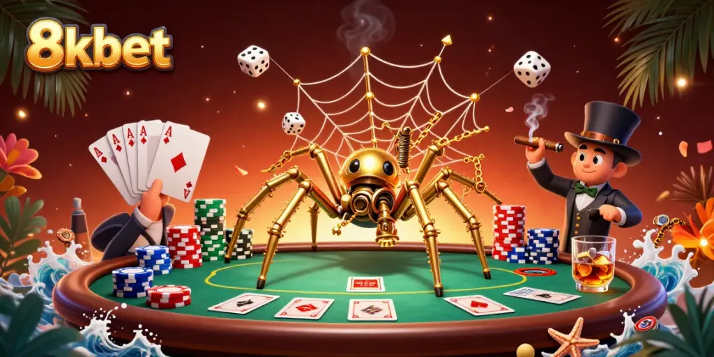 Experience the thrill with 8xbet as the golden spider spins its web of poker chips and dice.