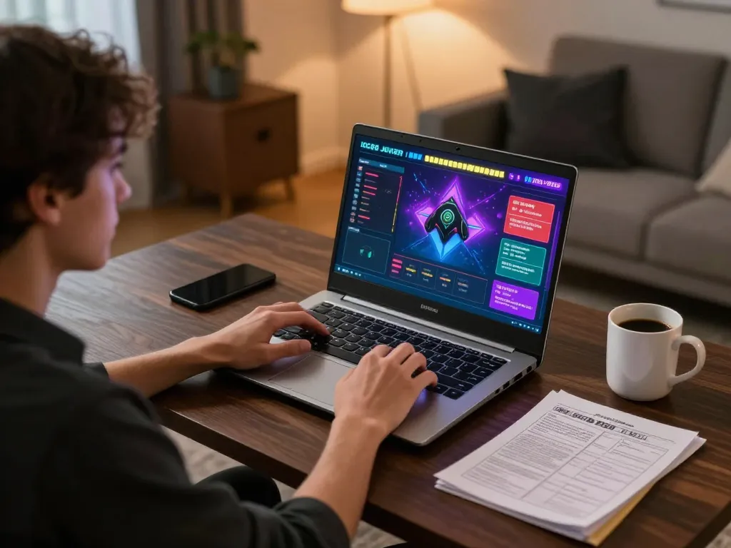 Experience thrilling gameplay with IDC88 JOKER in a stylish home gaming setup, focused player and vibrant gaming interface.