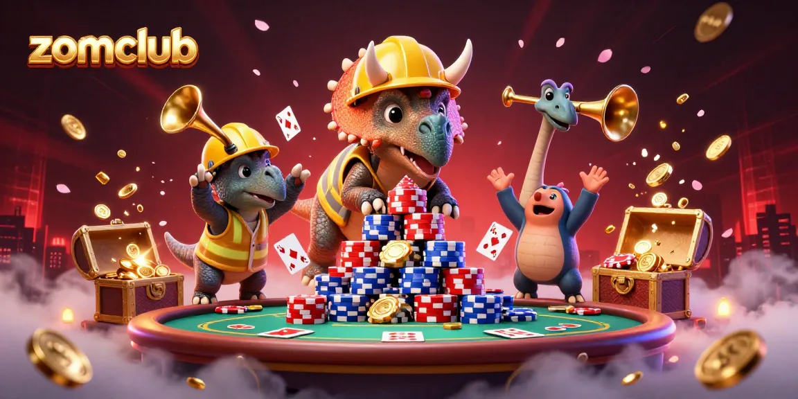 Zomclub interactive scene with cartoon dinosaurs and casino-themed elements illustrating exciting online gaming.