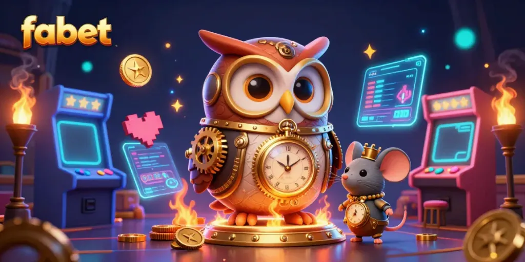 Engage in the vibrant world of fabet with a whimsical owl and mouse amidst dynamic casino themes.