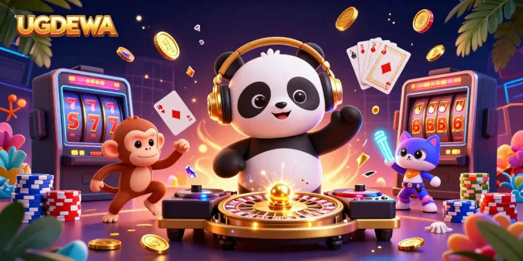 Engage with your luck at UGDEWA with vibrant casino characters and elements in a dynamic scene.