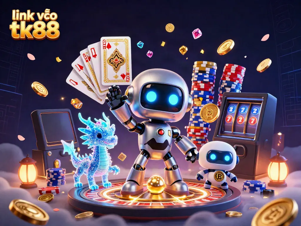 Engage with link vào tk88 in this vibrant 3D casino illustration featuring a cyberpunk robot, dragon, and drone.