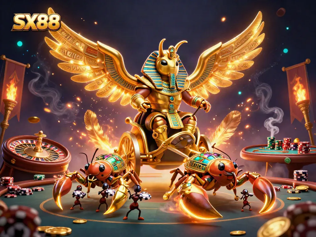 SX88 engaging in an immersive casino experience with golden symbols and lively atmosphere