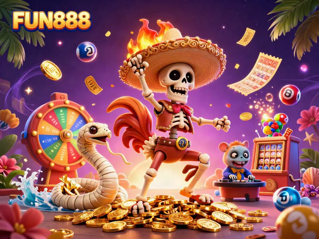 FUN888 showcases an exciting casino scene with a mariachi rooster, golden elements, and lottery balls.