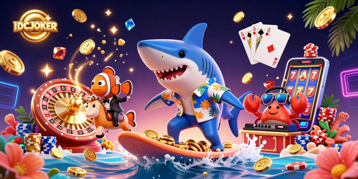 IDCJOKER platform showcasing gaming excitement with a surfing shark amidst golden coins and slot reels.