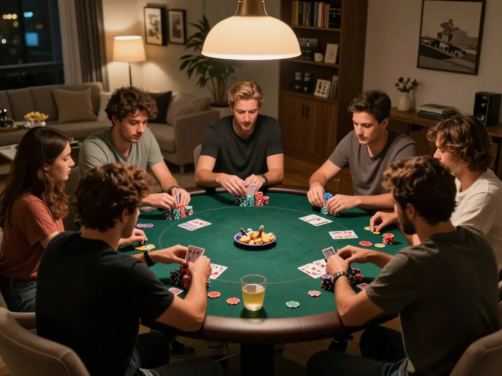 Players enjoying a thrilling poker night at home using badak178 strategies, surrounded by snacks and drinks.
