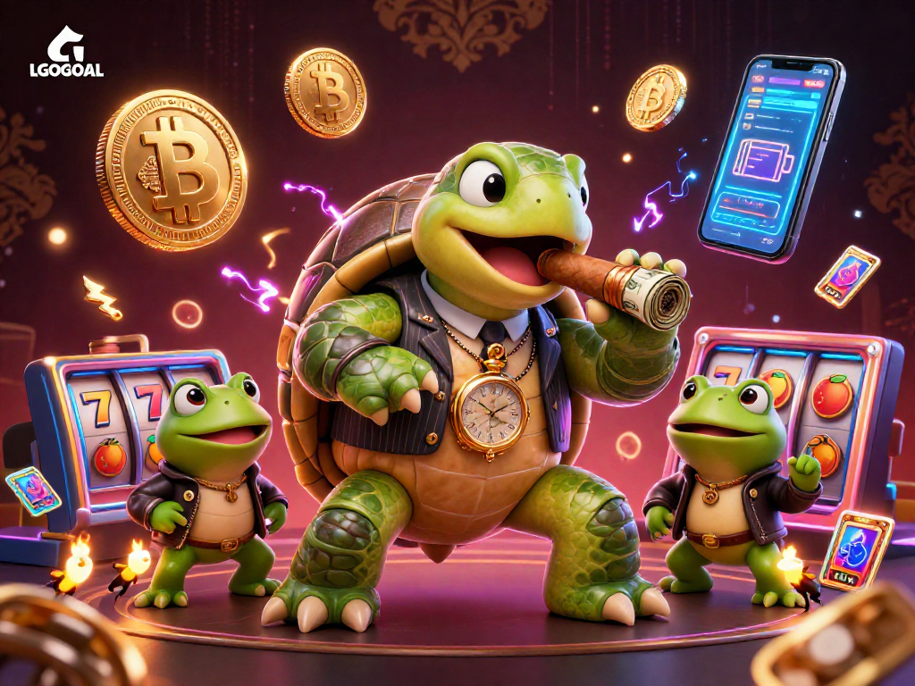 LGOGOAL illustrates a vibrant casino scene with a snapping turtle mobster and bullfrogs, featuring slot elements.