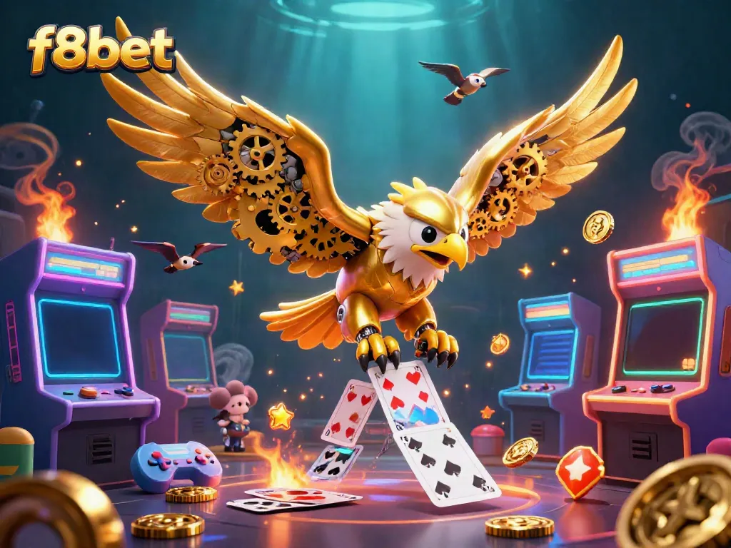 Experience the excitement at f8bet with a dynamic 3D illustration featuring a cybernetic eagle amidst holographic cards.