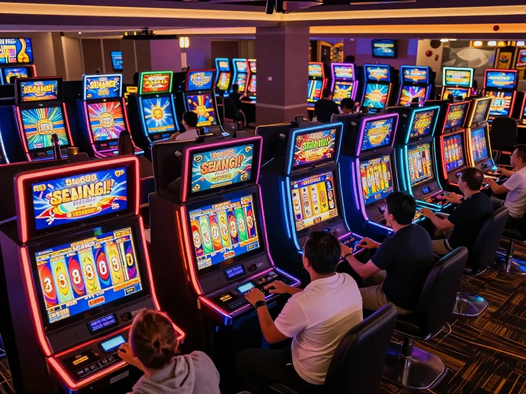 Players enjoying Slot88 games amidst colorful machines and vibrant casino atmosphere.