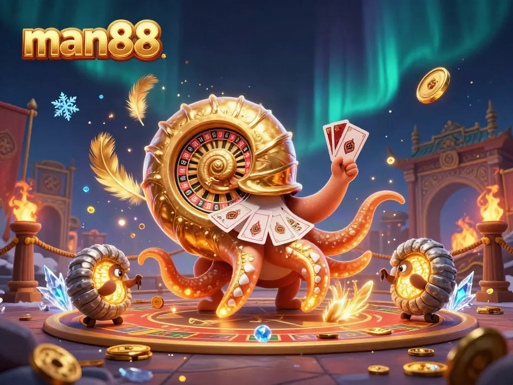 man88 creates excitement with a vibrant casino scene featuring a giant nautilus and glowing ammonites.