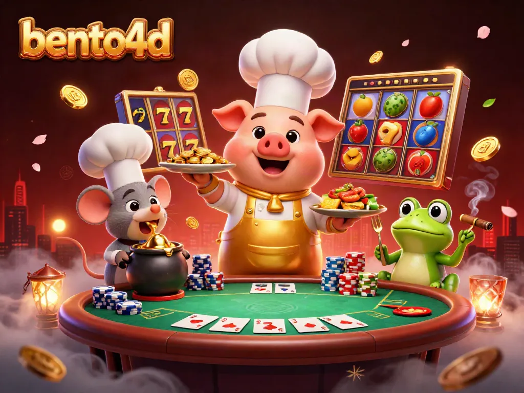 Bento4d showcases a lively casino scene with a chef and characters, serving golden winnings amidst vibrant slots and poker.