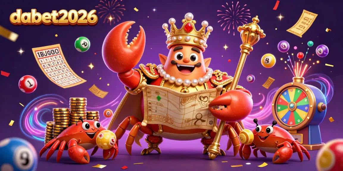 dabet2026 celebrates with a golden crab emperor and lottery elements, showcasing vibrant casino excitement.