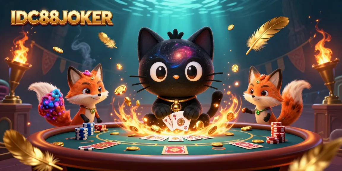 Experience the excitement of IDC88JOKER with a cosmic casino scene featuring a black hole cat and nebula fox.