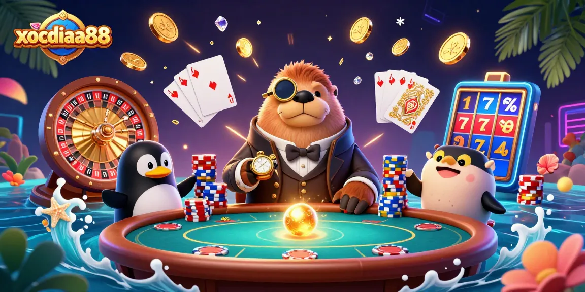 Xocdiaa88 invites players to experience thrilling underwater poker with a jolly walrus, penguin dealer, and pufferfish, amidst a cascade of coins and chips.