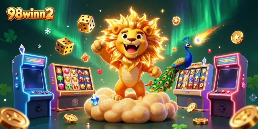 Experience gaming excitement with 98winn2’s animated casino scene featuring vibrant slot elements.
