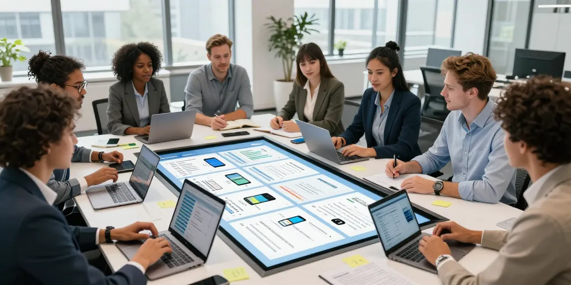 Engaged professionals collaborating to compare business mobile deals UK in a modern office setting, showcasing diverse team dynamics.