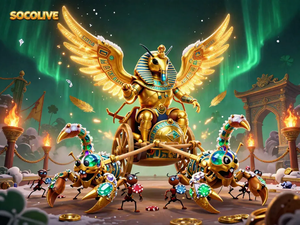 SOCOLIVE brings thrilling online gambling with a dynamic 3D scene featuring a golden scarab and chip-carrying ants.