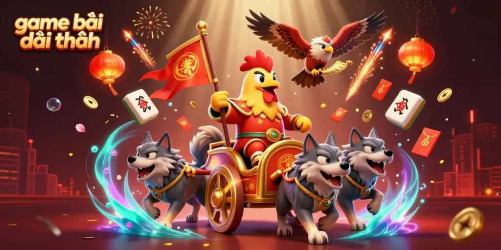 Engage with game bài đổi thưởng in a vibrant 3D scene featuring a rooster warlord and gaming elements.