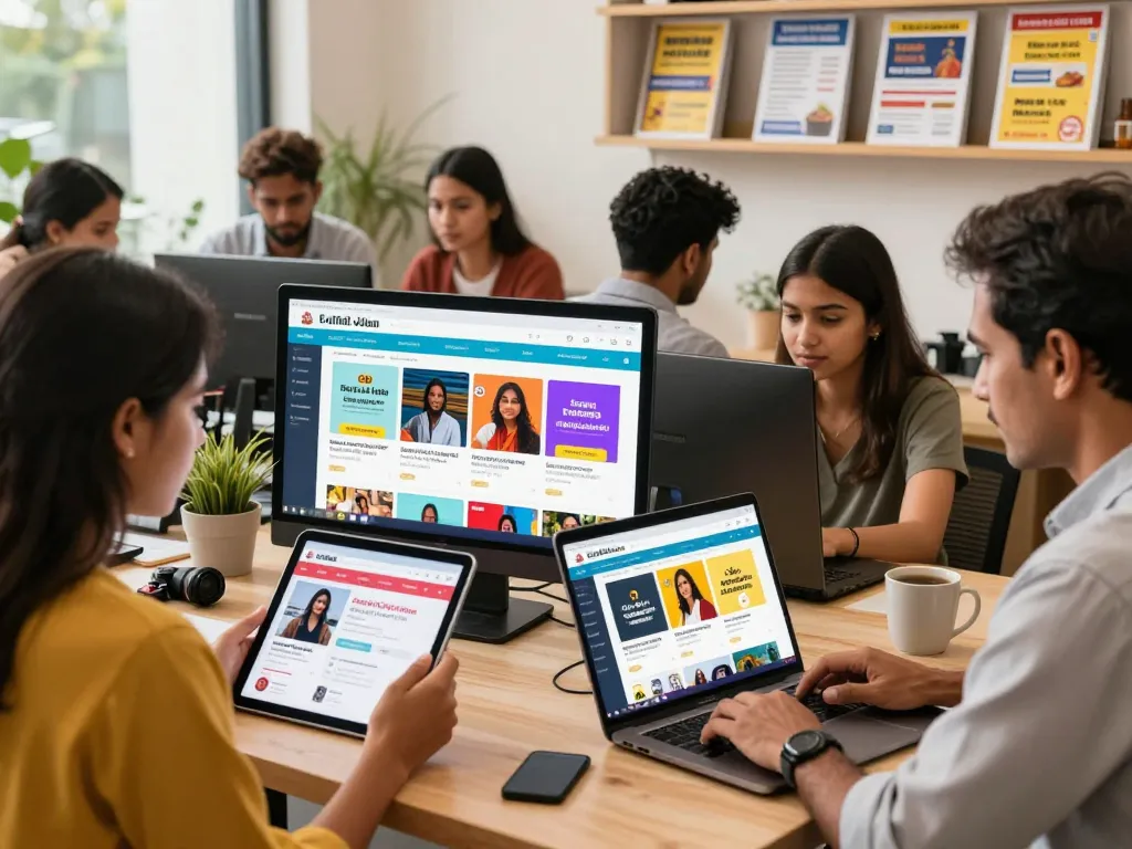Engaged users exploring Hela Ads on tablets and laptops, vibrant online marketplace scene reflecting Sri Lankan culture.