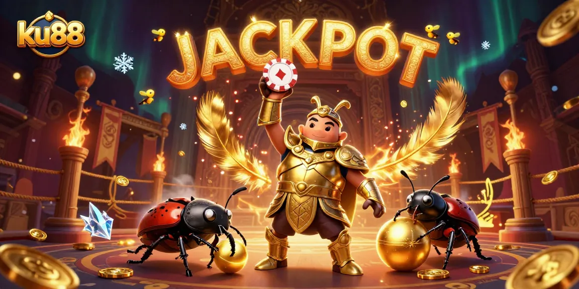 ku88-themed illustration featuring victorious beetle characters in a celebratory casino scene
