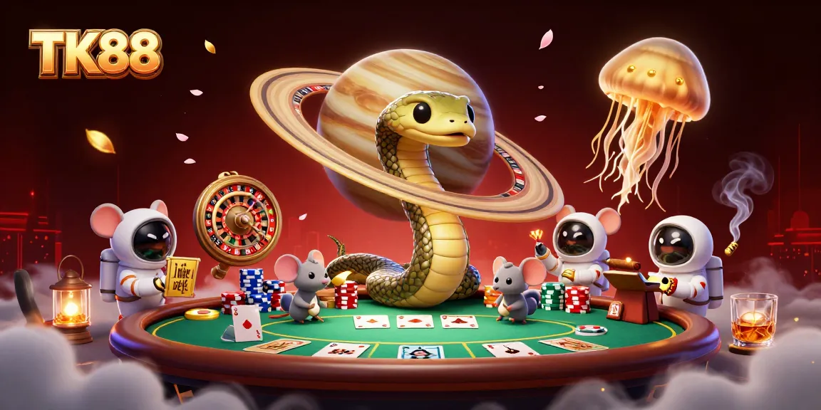 Engage in thrilling bets on the TK88 cosmic casino with avatars playing games on Saturn's rings.