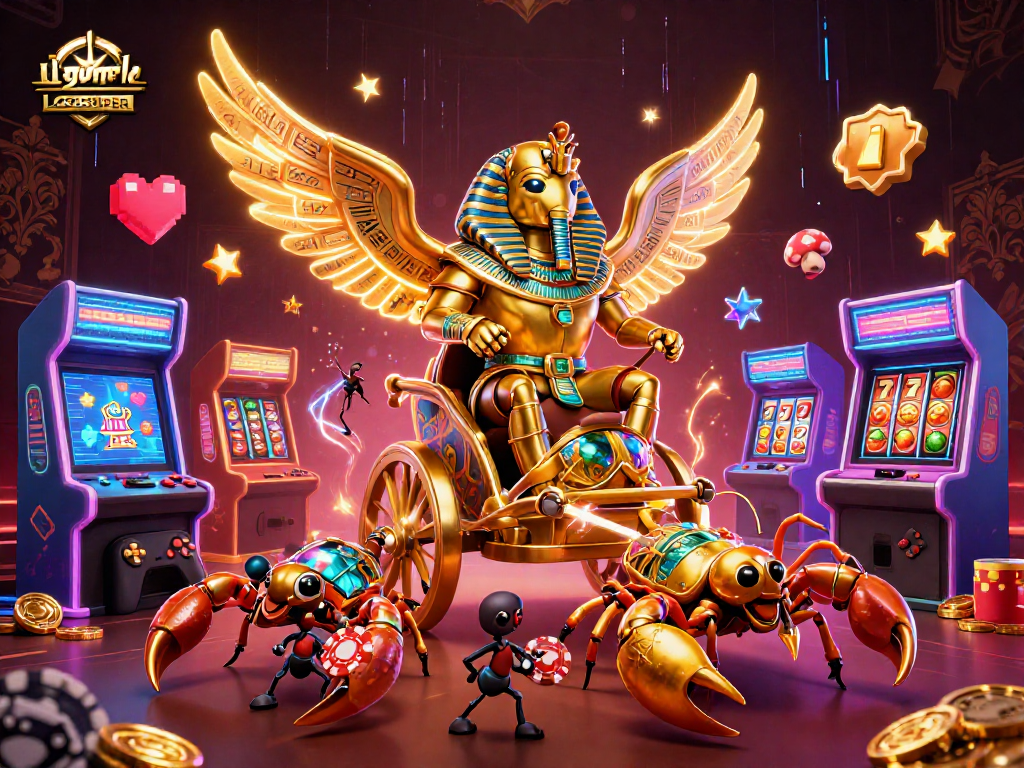 Engage with LGOSUPER's dynamic gaming scene featuring a golden scarab beetle amid rich casino elements.