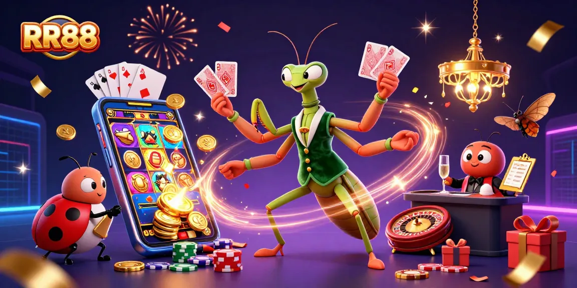 Experience RR88's thrilling casino atmosphere with vibrant characters and gaming elements.