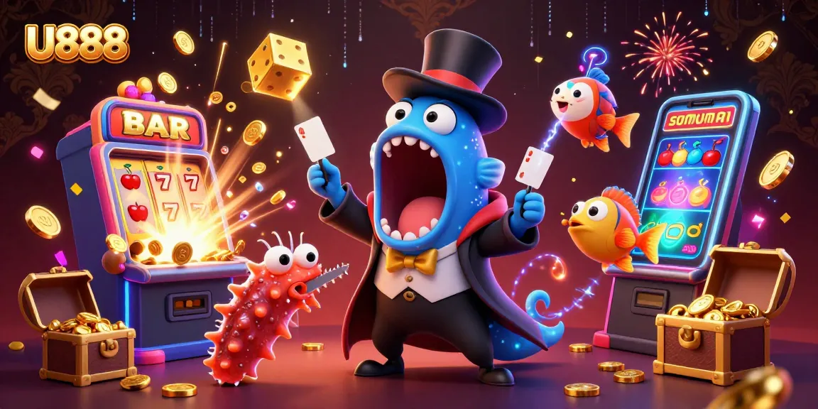 U888 reveals exciting card tricks in a vibrant casino scene filled with jackpots and glowing elements.