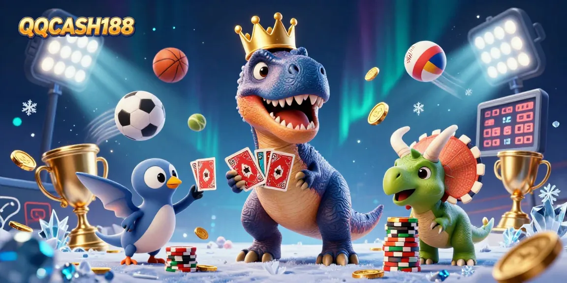 Engage with QQCASH188 in thrilling sports betting moments featuring friendly dinosaur characters.